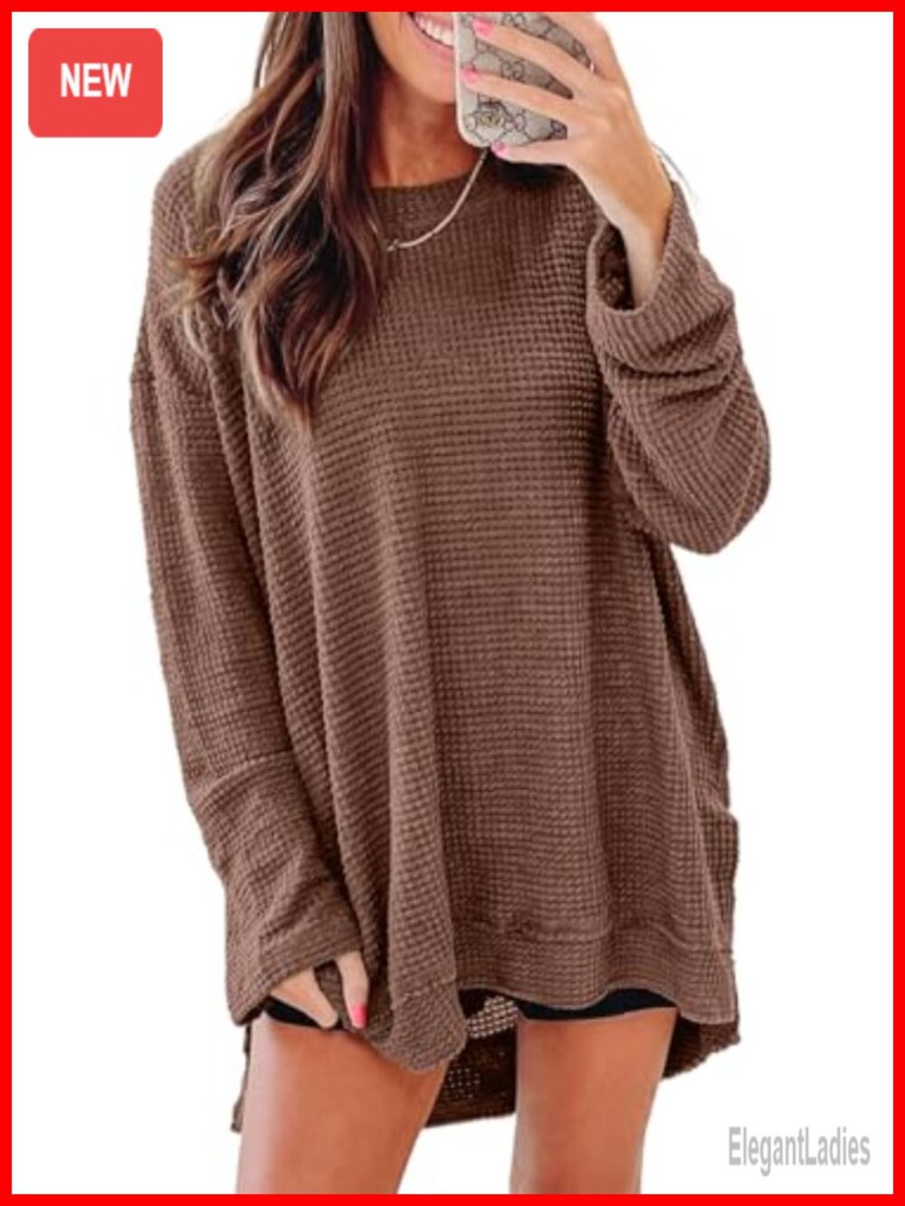 Oversized Waffle Knit Sweatshirt Long Sleeve Crewneck Tunic Top